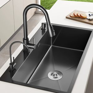 Stainless Steel Kitchen Sink Set, Handmade Thick Single Bowl with Pull Down Faucet, Nano Black Finish, No-Electricity Required - 5040 Series